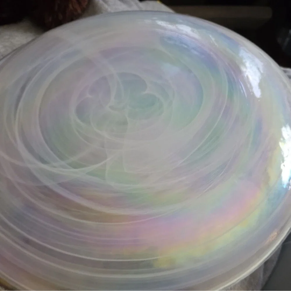 Art Glass Iridescent Plate Lot Of 2 Artistic Accents Opal Pearly White Swirl 11